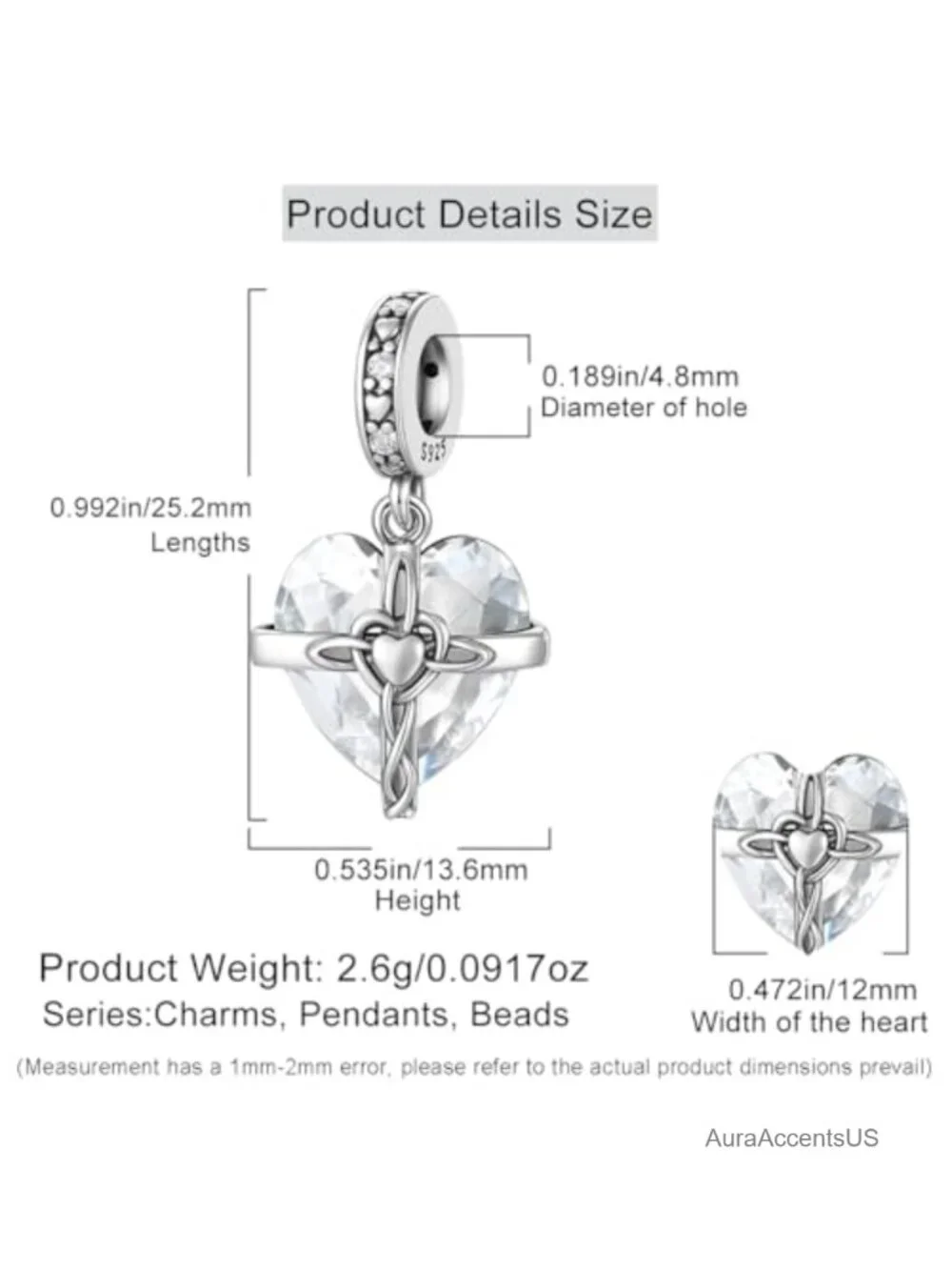 Sterling Silver Birthstone Charms Heart Cross Dangle Bead Pendant for Charm